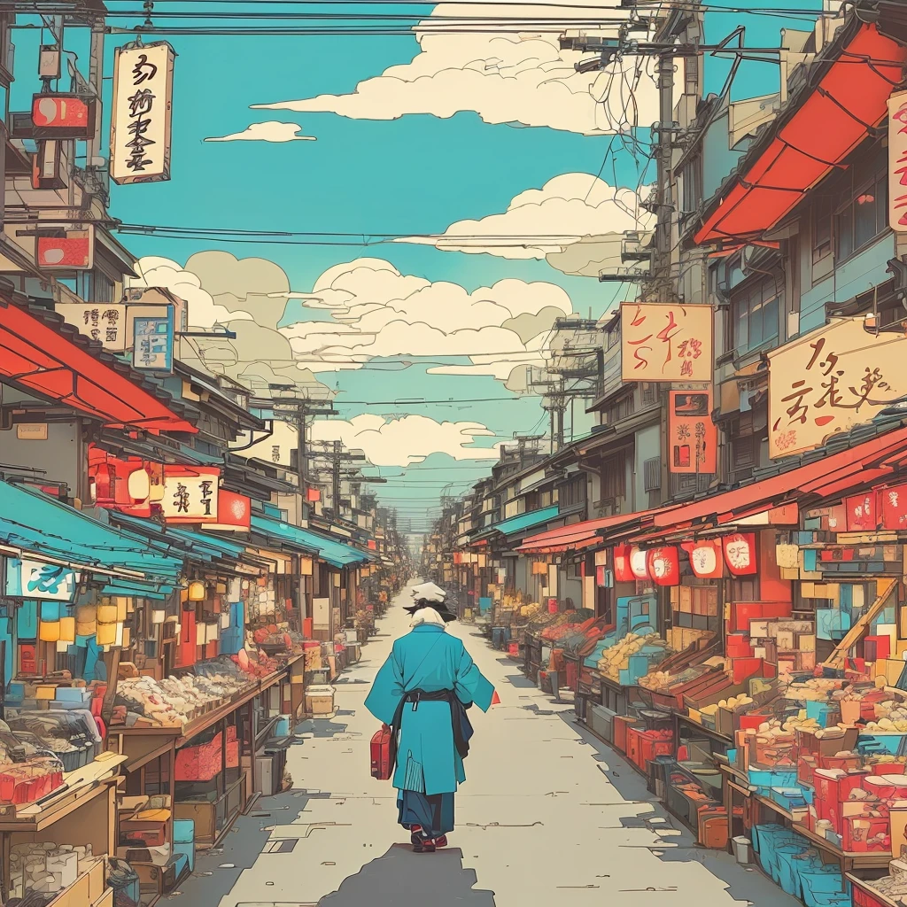 Illustration of a person, walking down the street with a suitcase, Japanese street, old Japanese street market, Japanese city, inspired by josan gonzalez, Japanese cartoon style, Japanese city, Tokyo, Anime scene, anime style cityscape, Inspired by Liam Wong, Tokyo – старинный город, by josan gonzalez, Victor Ngay! CMYK palette