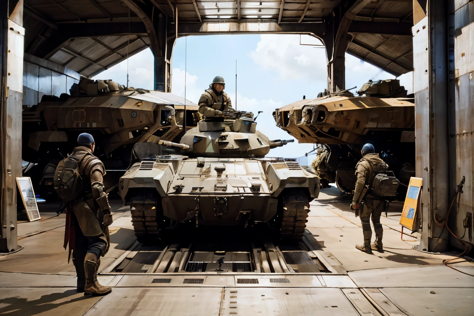 Waiting for departure in the hangar, Bipedal Armored Tank, Several mechanics, Three crew members about to board, Armored Tank,