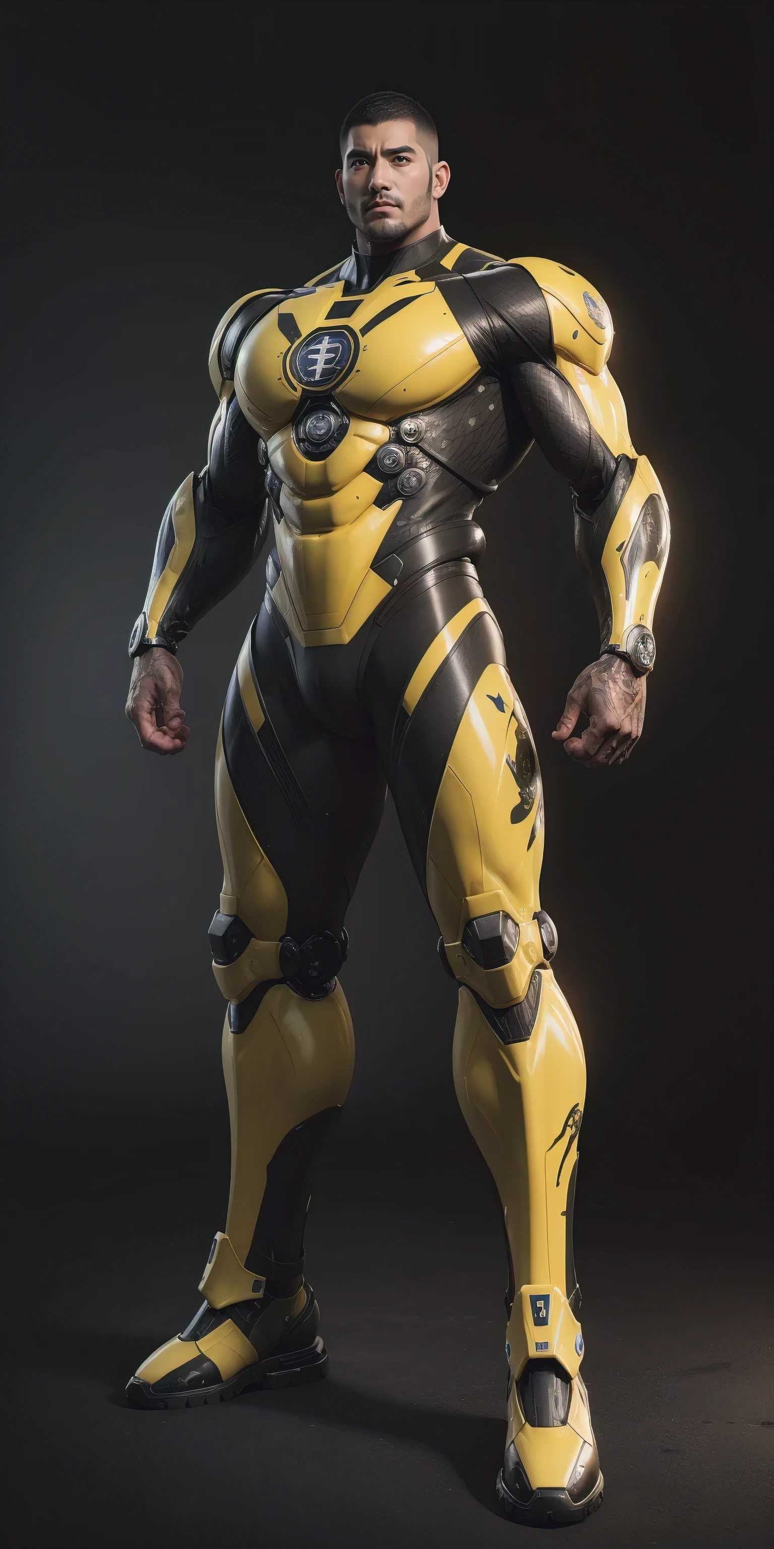 Tall giant muscular police officer,Buzz Cut,Very long legs,Yellow and black camouflage patterned nano mecha,Honeycomb pattern,Lightweight texture,Character Concept(Resident Evil - Chris Redfield,Chris Redfield)senior police officer,Small grid texture,Regular symmetrical texture pattern,Sad expression,Deep and charming eyes,Standing in a bright mechanical laboratory,Emerald Eyes Hero,Heroic male pose,Tall burly,muscular!Attractive leg muscles,High target, Burly, Heqiang, Super Buff and Coolness, High Resolution Committee, Bigfoot yellow-gray ultra-thin nano-mechanical boots,Charismatic strongman,The bright sunshine shines on you,Matte particles,Shiny texture