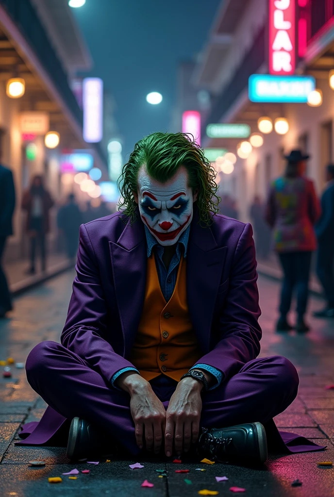 The Joker, appearing and depressed after the death of Batman. He is sitting in the middle of Bourbon Street. It’s the first night of Mardi Gras and parade goers pass him with curious expressions.