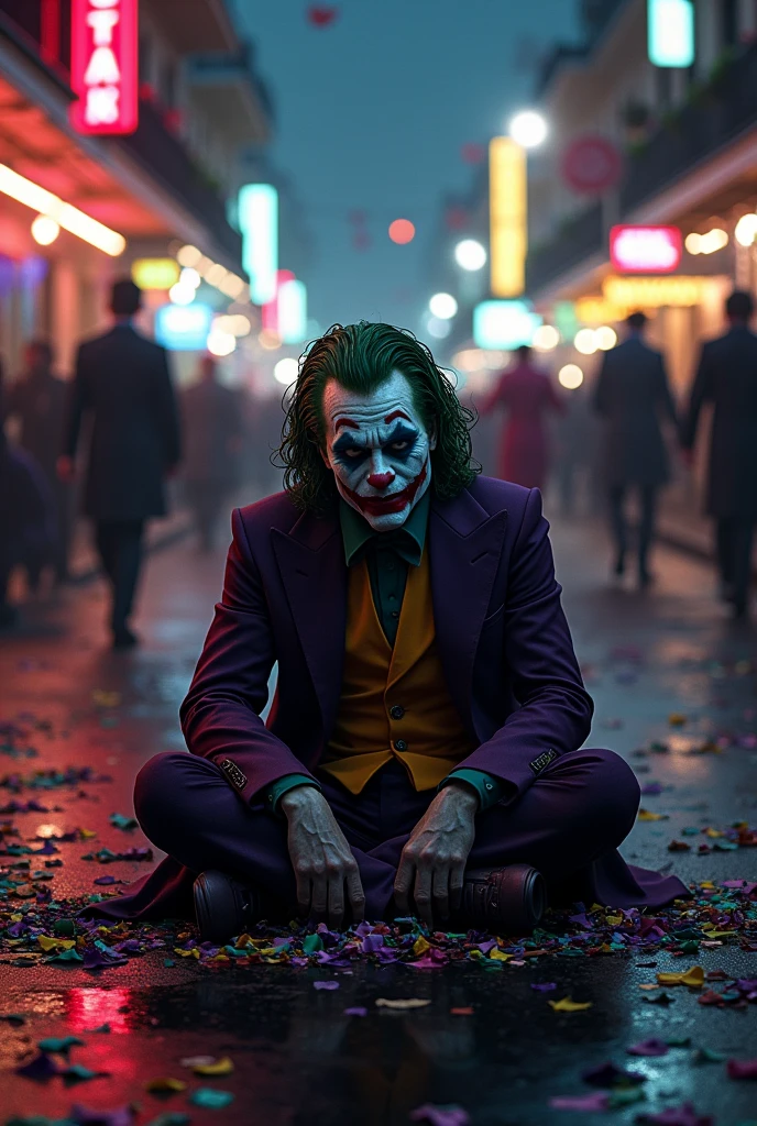 The Joker, appearing and depressed after the death of Batman. He is sitting in the middle of Bourbon Street. It’s the first night of Mardi Gras and parade goers pass him with curious expressions.