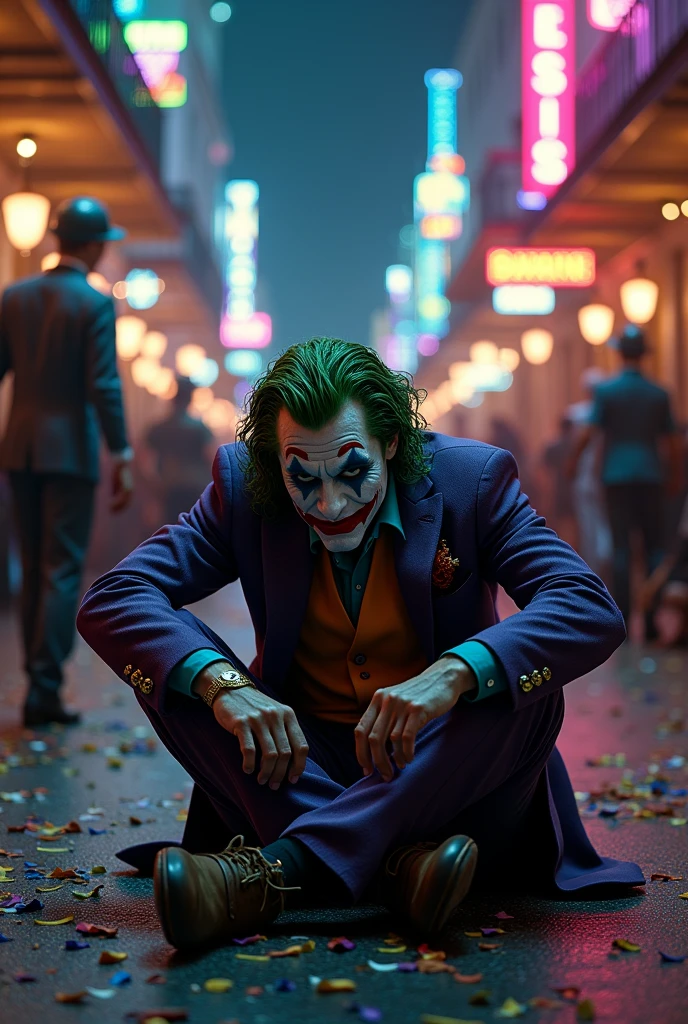 The Joker, appearing and depressed after the death of Batman. He is sitting in the middle of Bourbon Street. It’s the first night of Mardi Gras and parade goers pass him with curious expressions.
