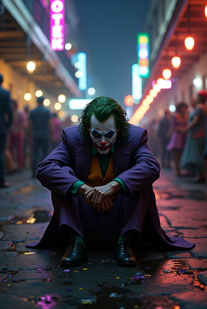 The Joker, appearing and depressed after the death of Batman. He is sitting in the middle of Bourbon Street. It’s the first night of Mardi Gras and parade goers pass him with curious expressions.