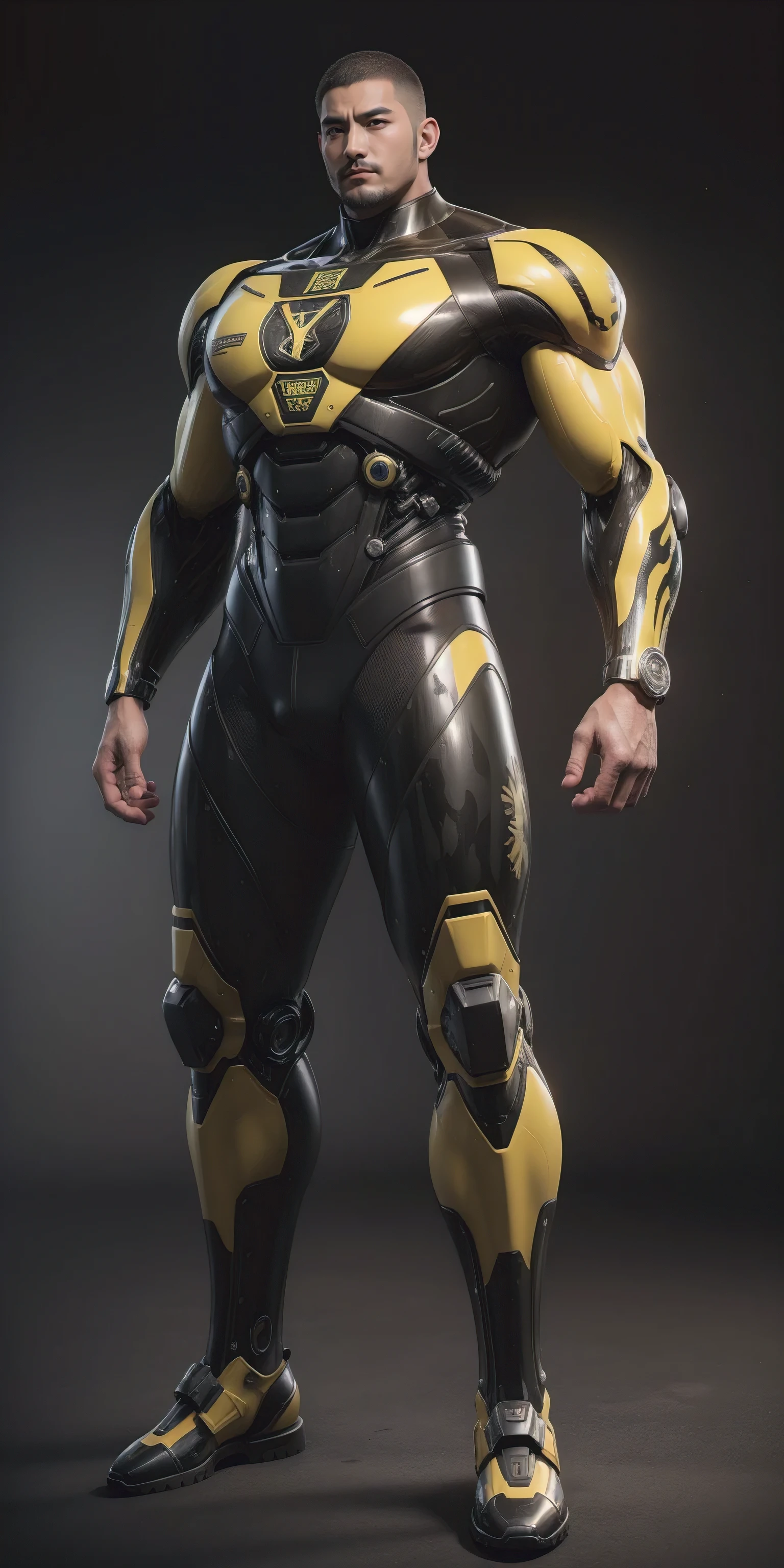 Tall giant muscular police officer,Buzz Cut,Very long legs,Yellow and black camouflage patterned nano mecha,Honeycomb pattern,Lightweight texture,Character Concept(Resident Evil - Chris Redfield,Chris Redfield)senior police officer,Small grid texture,Regular symmetrical texture pattern,Sad expression,Deep and charming eyes,Standing in a bright mechanical laboratory,Emerald Eyes Hero,Heroic male pose,Tall burly,muscular!Attractive leg muscles,High target, Burly, Heqiang, Super Buff and Coolness, High Resolution Committee, Bigfoot yellow-gray ultra-thin nano-mechanical boots,Charismatic strongman,The bright sunshine shines on you,Matte particles,Shiny texture