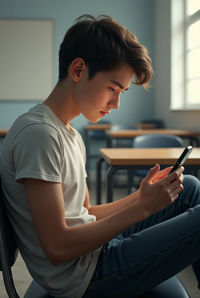 teenage student sitting sideways looking at his cell phone