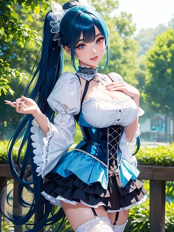 Young Asian woman, 23 years old. Busty. Double D cup, only 1 female, ((doll-like appearance)), long neon blue stylish hair, ((shiny Victorian-Style boots)), beautiful smile, ultra detailed eyes, vivid eye makeup, lip gloss, long lashes, defined eyebrows, ((sexy Paradise Kiss cosplay)), bell-shaped blue skirt, petticoats, high neckline, puffed sleeves, (( ultra detailed lace)), ((ultra detailed embroidery)), intricate details, choker, ((large sparkling Paradise Kiss)), cinematic light, detailed large park background with trees
