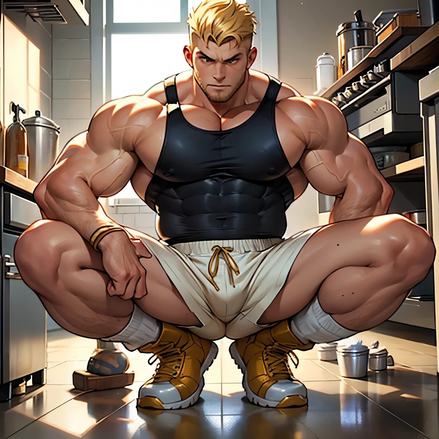 full view, full body massive overmuscular steroided mutant white european bodybuilder plumber with gold-platinum-blonde haircut, in shorts, huge work boots and extra-large white socks, working on the ground in a kitchen