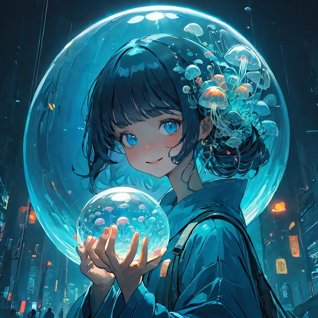 finely detailed illustration, vibrant color,High resolution、８ｋ、cute、One beautiful girl、fullbody to to the toe, happy smile、Perfect and detailed eye drawing、Highest quality、masterpiece、detailed eye and face, A person holding a glass ball with a jellyfish inside, Hologram by Beeple, Trending on CGSociety, magical realism, Cyberpunk Jellyfish, Cyberpunk Blue Lens Effect, Jellyfish Shrine Maiden, Digital Artレンダリング, Artem Demra Beeple, Spectacular concept art. Bokeh, Digital Art