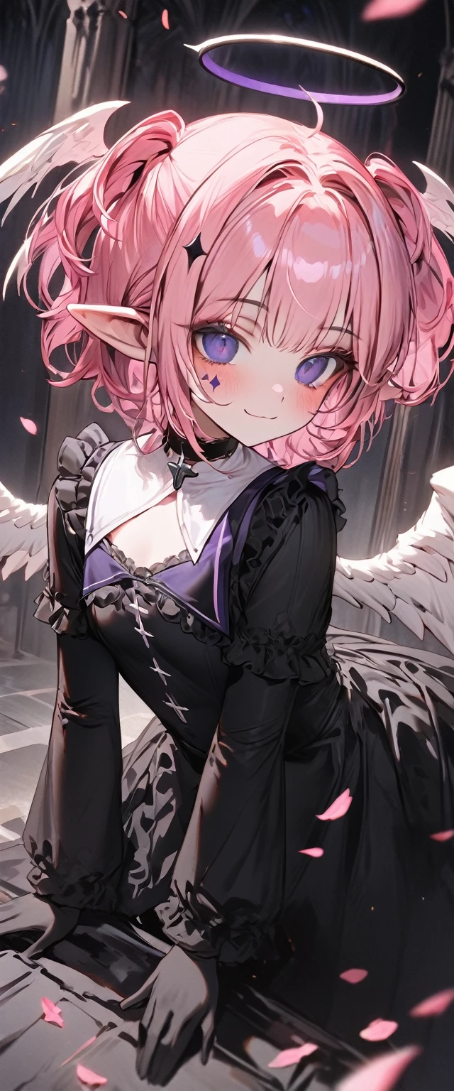 UHD, masterpiece, best quality, extremely detailed, anatomically correct, sharp focus, Midnight, gloomy atmosphere, Church, altar isle, 1girl, solo, camilavtuber, pink hair, short hair, shoulder length hair, curly hair, (white angel head wings:1.2), (twin ponytail), dark purple eyes:1.1, (facial mark), small mouth, closed mouth, smiling, crucifix choker, black arm sleeves, slim arms, black gloves, small chest, 1 angel wing, single wing, ((long black gown with purple lining design)), frilly gown, slim legs, black stockings, (black high heels), (full body) , (close-up), innocent pose, eye-level shot, front view, innocent pose, scattered pink petals