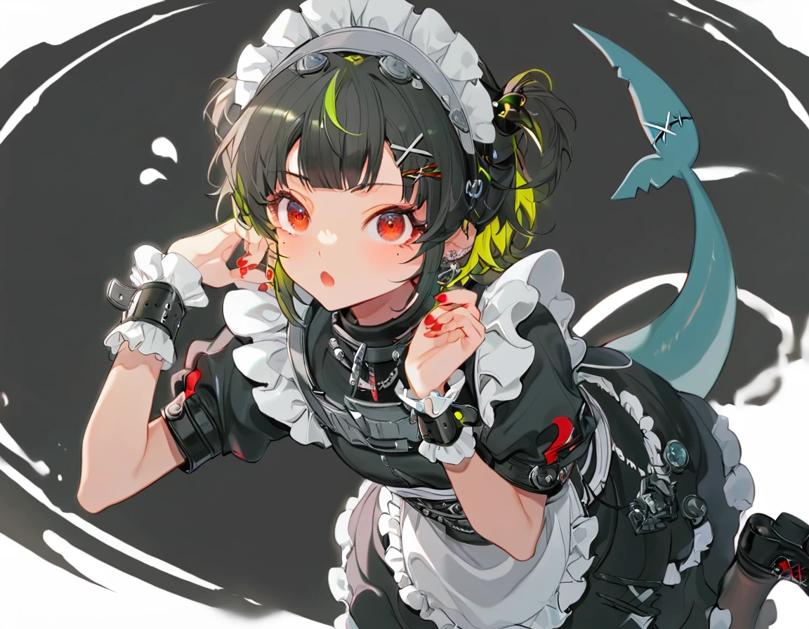 
(Ellen,Ellen Joe,zenless zone zero),maid,Black shark tail,1 Girl,solo,(shark girl:0.5),red eyes, tail,Black pantyhose,multicolored hair,Black hair,black footwear,short sleeves,apron,wrist cuffs,maidheaddress, ((eye focus)),sleepy,Yawn,ellendef, mole under eye, x hair ornament, fins, maid headress,Black shark tail, maid, black dress, frills, maid apron, red nails, wrist cuffs, belt,ellendef, mole under eye, x hair ornament, fins, maid headress, shark tail, maid, black dress, frills, maid apron, red nails, wrist cuffs, belt,style5