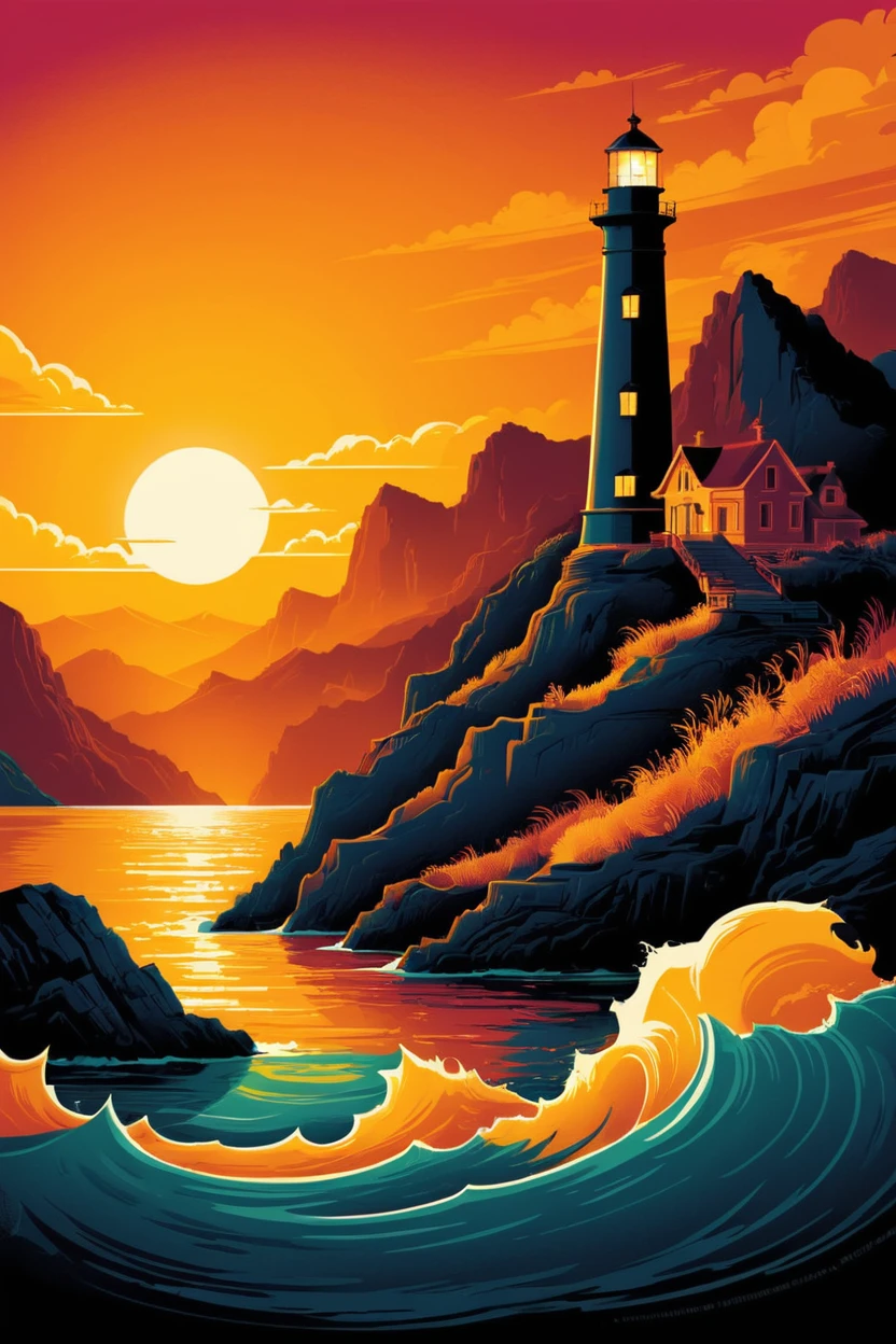 poster of glowing seascape lighthouse, golden hour, beautiful golden mountains, bright dark yellow ornate sun . digital artwork by tom whalen, bold lines, vibrant, saturated colors 