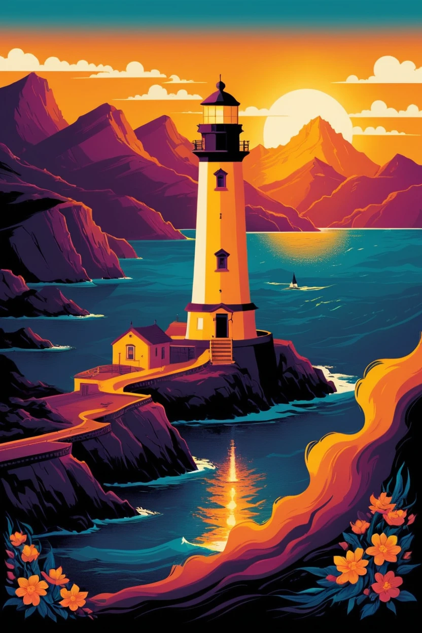 poster of glowing seascape lighthouse, golden hour, beautiful golden mountains, bright dark yellow ornate sun . digital artwork by tom whalen, bold lines, vibrant, saturated colors 