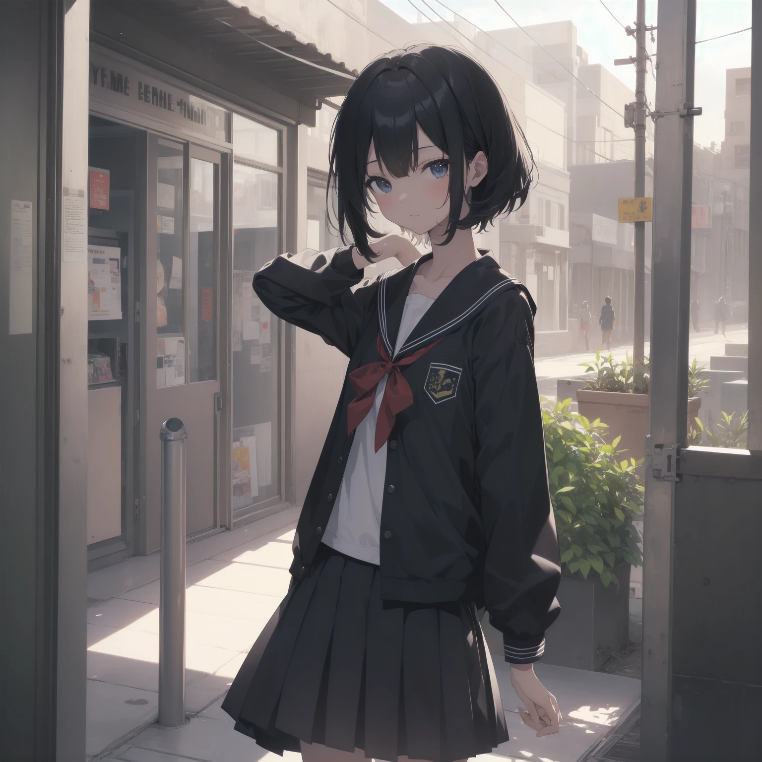 ultra-absurdres-Top quality by artist God, ultra-detailed, high resolution, anime moe artstyle, best anime 8k konachan wallpaper, pixiv contest winner, pool:2810, perfect anatomy,break, 1girl, (Please draw a girl walking sleepily to school alone. )break,(Solo,little female, 13-year-old:1.3),Full limbs, complete fingers,a junior high school student, (very short hair), short cut, flat chest, , small butt, small black eyes, beautiful detailed eyes, well-proportioned iris and pupils, expressive eyes, highres detailed hair, soft expression, salor school_uniform, sailor collar, serahuku, bow, pleated skirt,(Detailed Lighting), (Detailed background), in the School commute route. break,super detailed skin, Best cinematic lighting powered by famous artist, 8k,beauty illustration,photoshop_(medium),very aesthetic,break,((artist:shiromanta )), artist:clamp ,artist:carnelian ,artist:kantoku ,