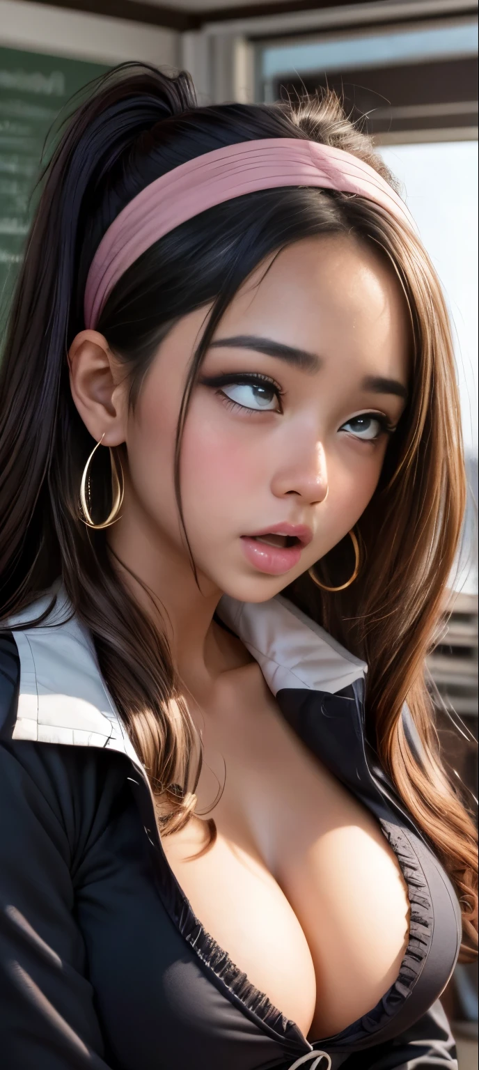 Portrait, (close up shot), (cross-eyed:1.6), (rolling eyes:1.6), (open mouth:1.4), (blushing:1.6), Masterpiece, high quality, high resolution, volumetric lighting, subsurface scattering, 8k, Beautiful woman, (emphasis on her breasts), dark skin, phillipino, college student, uniform, (long-sleeve), ((cleavage)), wavy hair, headband, hoop earings, classroom, sexy pose, seductive pose