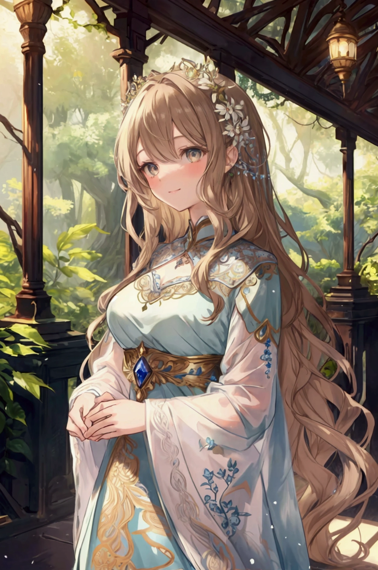 (Masterpiece), ((Highest Quality)),(Official Art),beautiful nature: 1.2),(1 solo mature anime girl: 1.3). An elegant princess with wavy light brown hair and amber eyes, wearing flower hair ornaments under soft, ethereal lighting. Clad in a beautiful yet modest dress made of earthy tones, rich textures, and intricate embroidery that draws inspiration from nature, she stands gracefully in a lush, enchanted forest. Subtle wisps of mist swirl around her, creating an otherworldly atmosphere. Her expression is a blend of gentle smile and wistfulness, as if she carries the weight of untold stories and hidden dreams. Detailed picture. Detailed eyes. Detailed environment. Mature character. Soft fairytale picture Arthur Rackham-style. Colorful, best detailed ((super detailed)), (highly detailed 2D mature anime girl illustration), ((natural and beautiful))