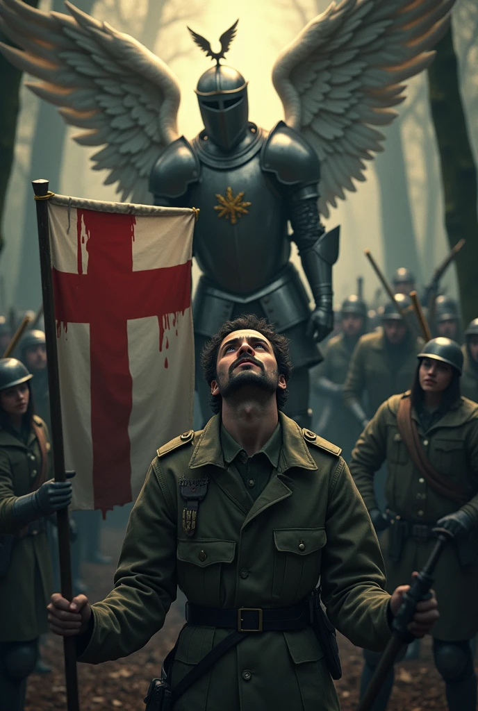 best quality, masterpiece, ultra high res, (photorealistic:1.2), 1girl, (detailed face:1.2), (detailed eyes:1.2), (detailed hair:1.2), (detailed clothes:1.2), 4k, ,wounded soldier captured by enemies in grey uniforms who point rifles at him, he is depressed, he wears moustache, short hair, green uniform, holding a white and red flag in two horizontal stripes which is leaky, above him there is a knight with spread angel wings, and the knight has white crowned eagle on his plate armour, the knight is well ornamented and represents strength, knight has golden glow, background is dark, everything is in forest