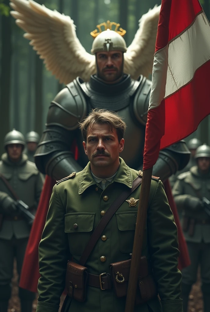 best quality, masterpiece, ultra high res, (photorealistic:1.2), 1girl, (detailed face:1.2), (detailed eyes:1.2), (detailed hair:1.2), (detailed clothes:1.2), 4k, ,wounded soldier captured by enemies in grey uniforms who point rifles at him, he is depressed, he wears moustache, short hair, green uniform, holding a white and red flag in two horizontal stripes which is leaky, above him there is a knight with spread angel wings, and the knight has white crowned eagle on his plate armour, the knight is well ornamented and represents strength, knight has golden glow, background is dark, everything is in forest