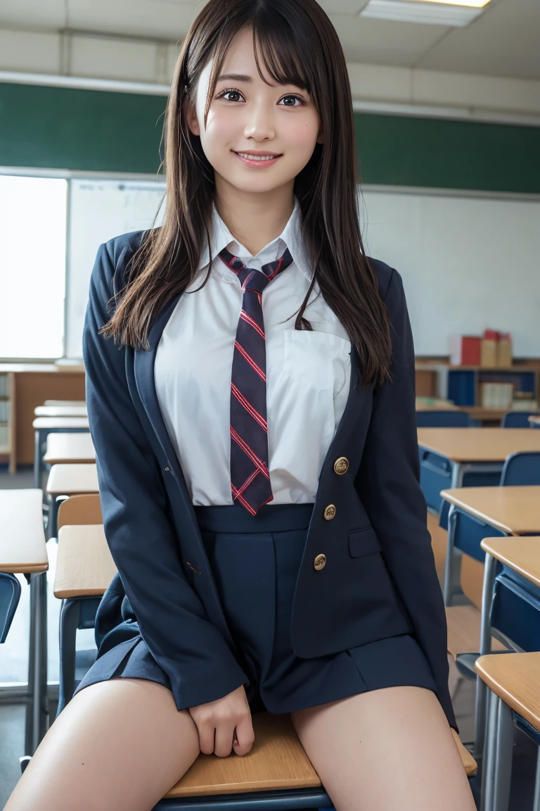 (8k, RAW Photos,Highest quality, High resolution:1.1), (Ultra-realistic:1.4),(Realistic, Realistic:1.3),The Beauty of Japan、(classroom:1.4)、uniform、(smile:1.3)、Spread your legs on the desk
