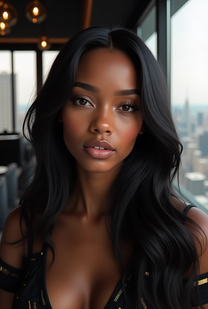 hyper realistic portrait of skai Jackson, 19 years old, with long flowing black hair and brown eyes. She should have a natural, approachable expression and be lit by soft, real light, canon eos r5, raw format, Perched high above the bustling streets of New York City, this rooftop bar offers an unparalleled panoramic view of the city's iconic skyline. The space is a symphony of modern luxury and sophisticated design, melding sleek contemporary elements with elegant touches.
The floor-to-ceiling glass walls provide unobstructed vistas of the sprawling urban landscape, stretching from the Statue of Liberty to the Empire State Building. At night, the city lights sparkle like a constellation, casting a mesmerizing glow over the bar's opulent interior.
The bar itself is a statement of refined luxury, featuring a polished black marble countertop with subtle veining that catches the light, framed by a backlit display of premium spirits and artisanal liquors. The seating area is adorned with plush velvet armchairs and high-backed leather sofas in deep, rich hues, complemented by gold and brass accents that add a touch of glamour.
The floor is lined with dark hardwood, while the walls are adorned with textured panels in muted metallic tones. Contemporary art pieces and large, strategically placed mirrors enhance the sense of space and reflect the dazzling cityscape. Soft, ambient lighting casts a warm glow, creating an intimate atmosphere amidst the grandeur of the city below.
Outdoor terraces feature chic, minimalist furniture—white marble tables paired with sleek, weather-resistant lounge chairs. Subtle greenery, including potted palms and decorative shrubs, adds a touch of nature, while strategically placed heaters ensure comfort in cooler weather.
Music plays softly in the background, blending seamlessly with the ambient sounds of the city, completing the sensory experience of this rooftop oasis. The result is a sophisticated haven where guests , wearing acne studios