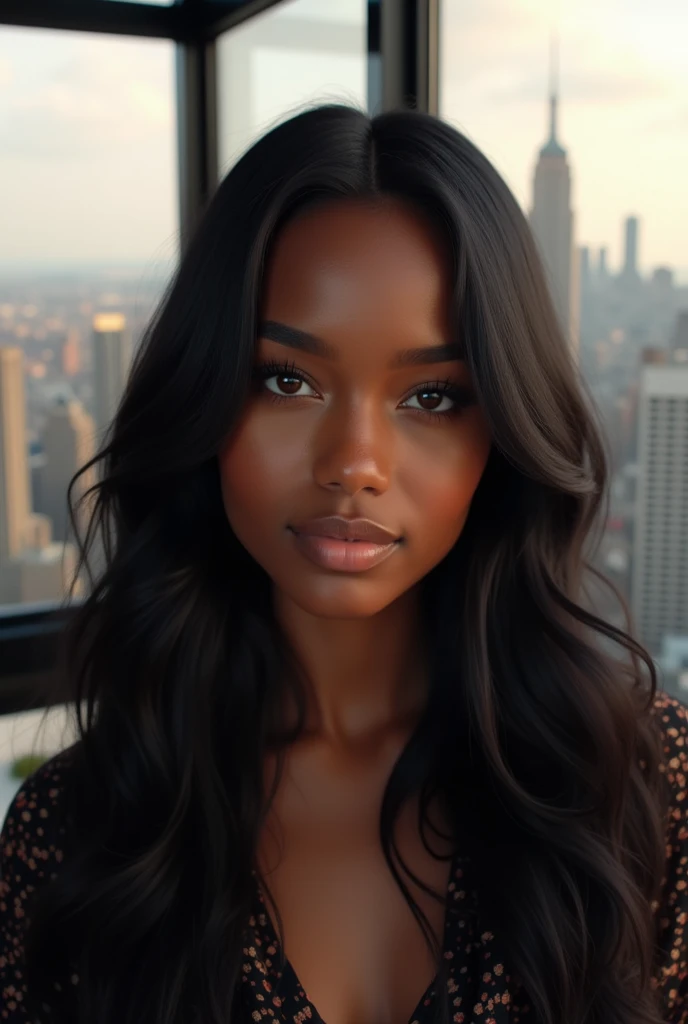 hyper realistic portrait of skai Jackson, 19 years old, with long flowing black hair and brown eyes. She should have a natural, approachable expression and be lit by soft, real light, canon eos r5, raw format, Perched high above the bustling streets of New York City, this rooftop bar offers an unparalleled panoramic view of the city's iconic skyline. The space is a symphony of modern luxury and sophisticated design, melding sleek contemporary elements with elegant touches.

The floor-to-ceiling glass walls provide unobstructed vistas of the sprawling urban landscape, stretching from the Statue of Liberty to the Empire State Building. At night, the city lights sparkle like a constellation, casting a mesmerizing glow over the bar's opulent interior.

The bar itself is a statement of refined luxury, featuring a polished black marble countertop with subtle veining that catches the light, framed by a backlit display of premium spirits and artisanal liquors. The seating area is adorned with plush velvet armchairs and high-backed leather sofas in deep, rich hues, complemented by gold and brass accents that add a touch of glamour.

The floor is lined with dark hardwood, while the walls are adorned with textured panels in muted metallic tones. Contemporary art pieces and large, strategically placed mirrors enhance the sense of space and reflect the dazzling cityscape. Soft, ambient lighting casts a warm glow, creating an intimate atmosphere amidst the grandeur of the city below.

Outdoor terraces feature chic, minimalist furniture—white marble tables paired with sleek, weather-resistant lounge chairs. Subtle greenery, including potted palms and decorative shrubs, adds a touch of nature, while strategically placed heaters ensure comfort in cooler weather.

Music plays softly in the background, blending seamlessly with the ambient sounds of the city, completing the sensory experience of this rooftop oasis. The result is a sophisticated haven where guests , wearing acne studios