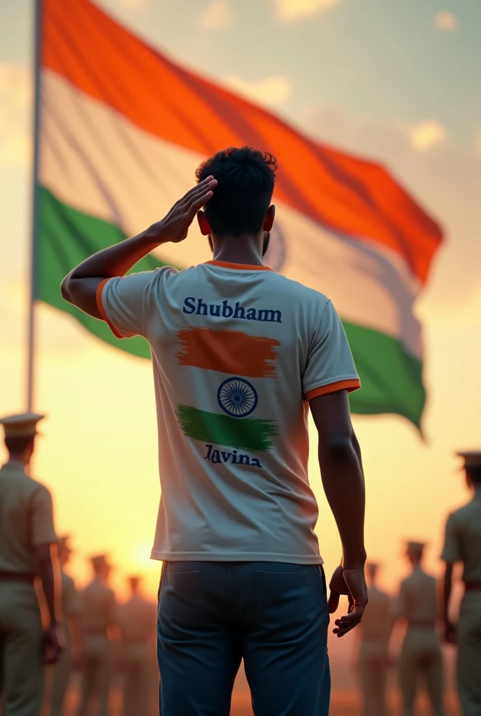 A man standing saluting a Indian flag wearing a Indian flag tshirt written Shubham And Ravina name and 15 August independence day on it