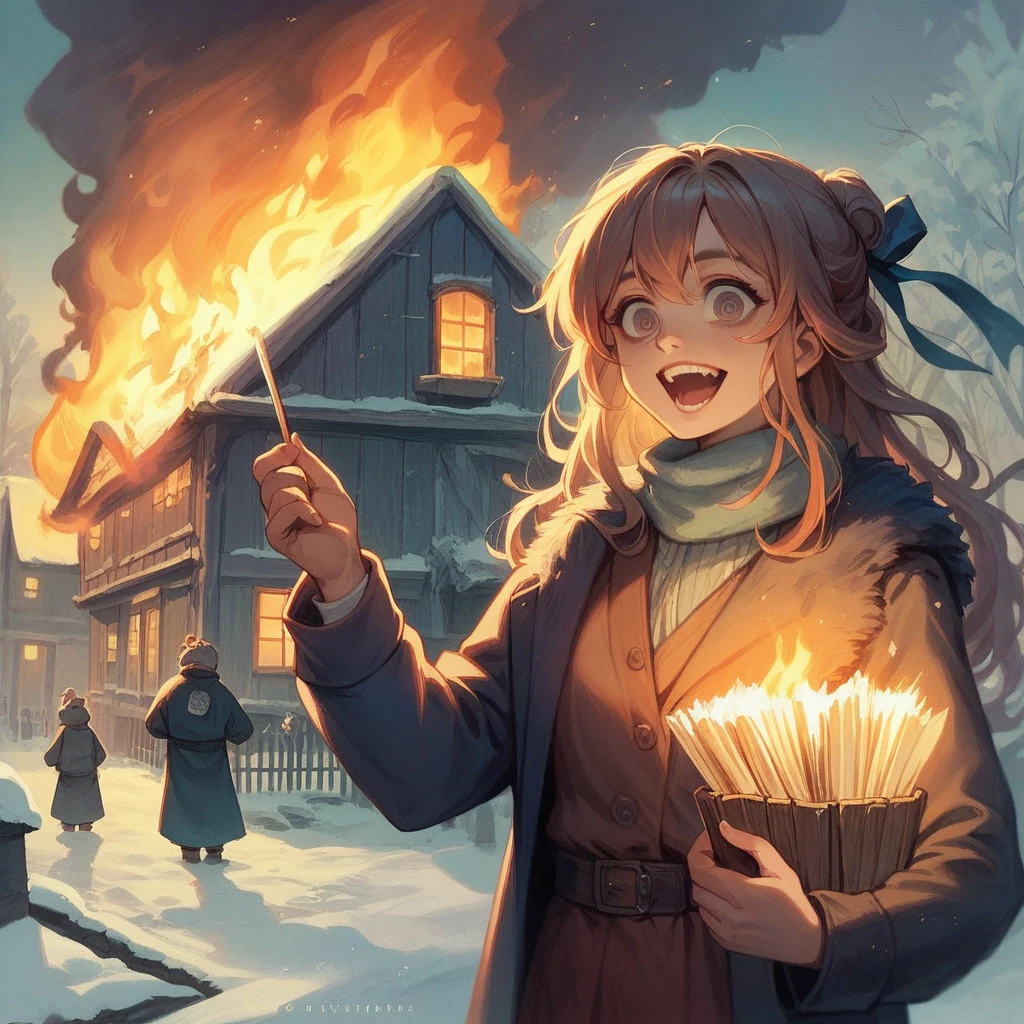 A masterpiece, realistic, delicate animation illustration, funny and crazy. Cinematic proof, 19th century, winter European night, burning house, Little Match Girl watching it. She lights a match and smiles with satisfaction. She is putting on her coat.