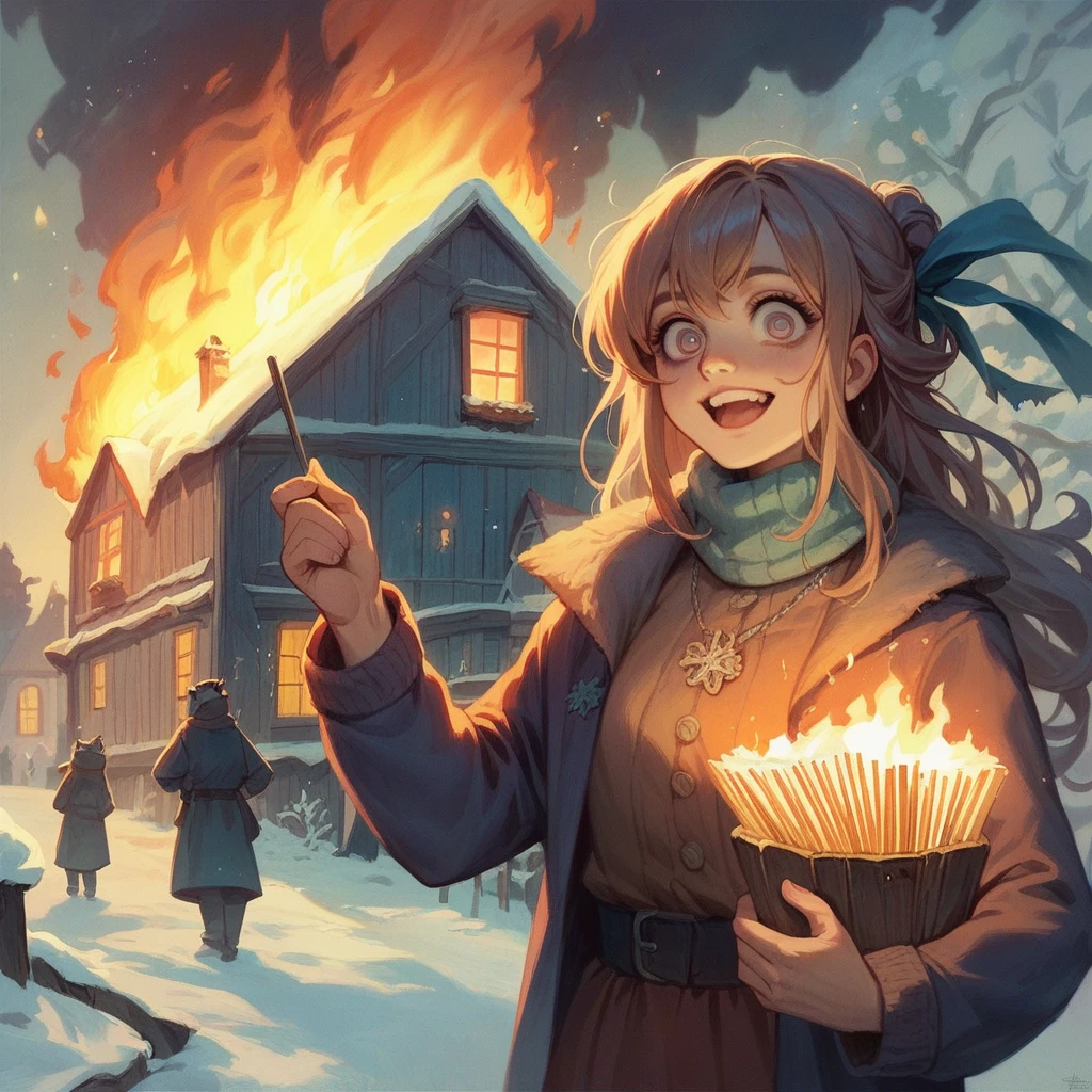A masterpiece, realistic, delicate animation illustration, funny and crazy. Cinematic proof, 19th century, winter European night, burning house, Little Match Girl watching it. She lights a match and smiles with satisfaction. She is putting on her coat.
