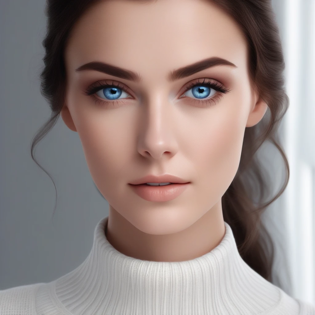 canon 5D, realistic skin texture, skindentation, flat white background, Beautiful solo woman. Mix Uzbek/Russian. Large expressive blue eyes. Naturally long eyelashes, Dark brown hair, white skin. 40 years older. In a white sweater.