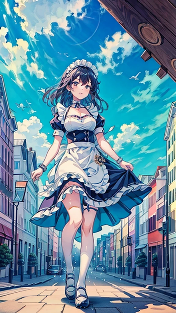 Composition seen from below - Blue sky with swirling clouds - Masterpiece - Back Anime-style delicate painting 4K 90's Giant Multiple girls Crowd Big city Crowd Many people ((A girl dressed as a giant maid walking in the valley of the city)), Maid outfit, Big breasts, White socks, wristwatch, black hair, smile, female giant girl whole body Crowd Unreal Engine, cleavage, drawing, earrings, long hair, cute drawing, beauty, analog style, whole body, sneakers