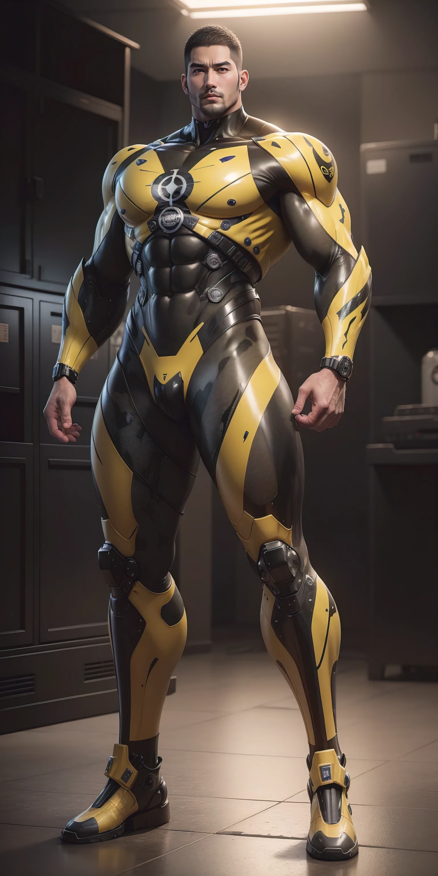 Tall giant muscular police officer,Buzz Cut,Very long legs,Yellow and black camouflage patterned nano mecha,Honeycomb pattern,Lightweight texture,Character Concept(Resident Evil - Chris Redfield,Chris Redfield)senior police officer,Small grid texture,Regular symmetrical texture pattern,Sad expression,Deep and charming eyes,Standing in a bright mechanical laboratory,Emerald Eyes Hero,Heroic male pose,Tall burly,muscular!Attractive leg muscles,High target, Burly, Heqiang, Super Buff and Coolness, High Resolution Committee, Bigfoot yellow-gray ultra-thin nano-mechanical boots,Charismatic strongman,The bright sunshine shines on you,Matte particles,Shiny texture