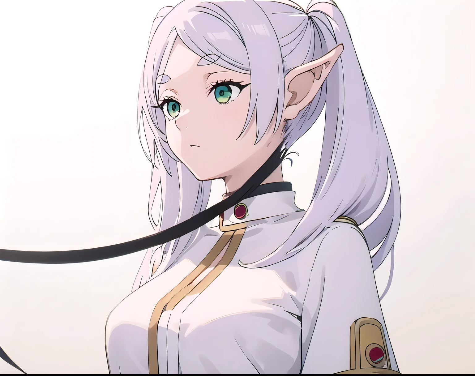 masterpiece, best quality, (illustration), close-up, solo, sexy, Frieren, pointy ears, twintails, green eyes, elf, long hair, white hair, thick eyebrows, parted bangs, breasts, standing