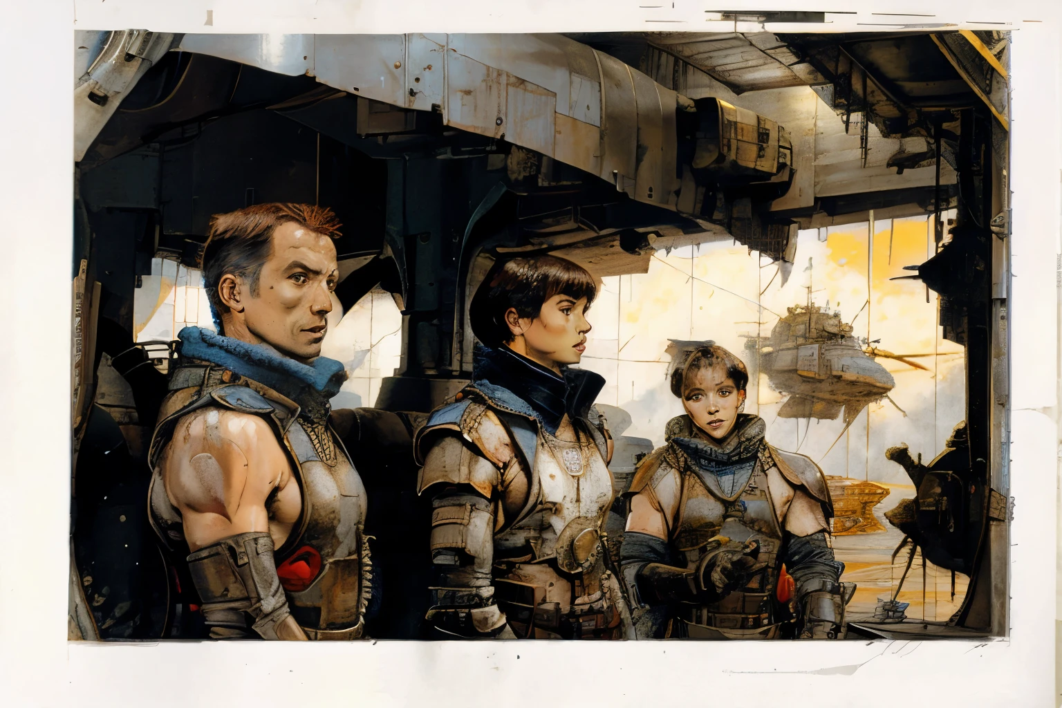 Waiting for departure in the hangar, Bipedal Armored Tank, Several mechanics, Three crew members about to board, Armored Tank,