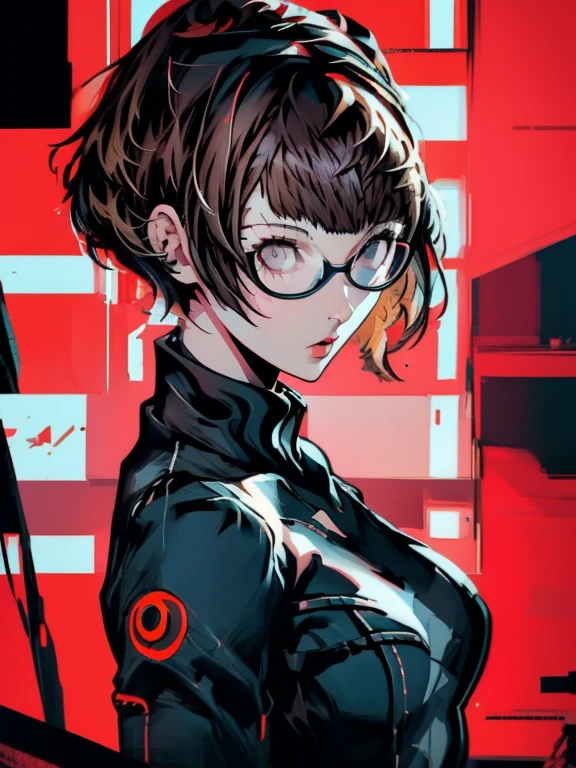 in the art style of persona5, (((satonaka chie))), (masterpiece:1.2, highest quality), (Realistic, photoRealistic:1.4), Beautiful illustrations, (Natural Side Lighting, Cinema Lighting), Written boundary depth, Beautiful thighs staring at the viewer, (((Face Focus, Upper Body))), 1 female, 20-year-old, alone, thin, slender, (small breasts), thin, slender, ((glasses)), Are standing, ((Close-up)), ((Close-up)), ((Close-up))