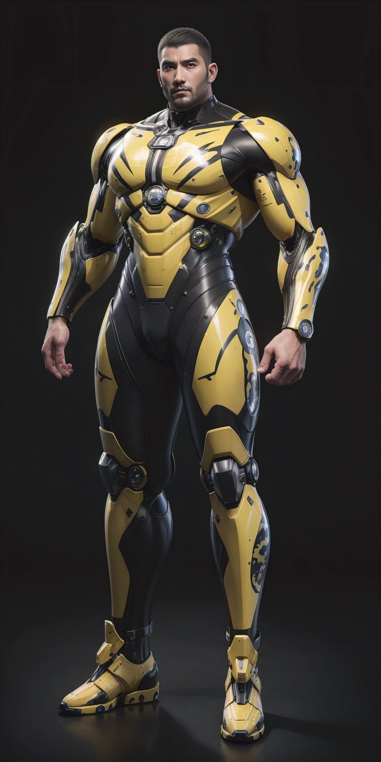 Tall giant muscular police officer,Buzz Cut,Very long legs,Yellow and black camouflage patterned nano mecha,Honeycomb pattern,Lightweight texture,Character Concept(Resident Evil - Chris Redfield,Chris Redfield)senior police officer,Small grid texture,Regular symmetrical texture pattern,Sad expression,Deep and charming eyes,Standing in a bright mechanical laboratory,Emerald Eyes Hero,Heroic male pose,Tall burly,muscular!Attractive leg muscles,High target, Burly, Heqiang, Super Buff and Coolness, High Resolution Committee, Bigfoot yellow-gray ultra-thin nano-mechanical boots,Charismatic strongman,The bright sunshine shines on you,Matte particles,Shiny texture