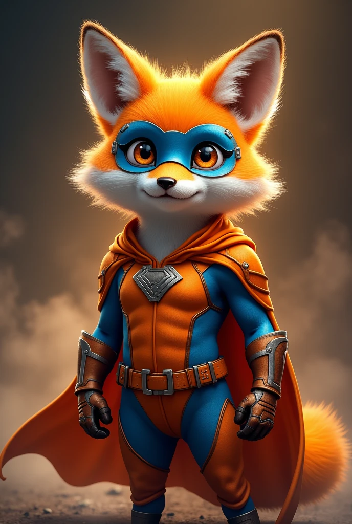 Generate an image of an anthropomorphic fox character standing confidently. The fox has bright orange fur with a fluffy white mane, wearing a detailed, form-fitting orange and blue superhero suit with gloves, and a matching blue mask covering its eyes. The character’s large, expressive eyes are glowing subtly, giving a sense of intelligence and courage. The background is a warm, dark gradient with swirling smoke or mist, adding depth and mystery. The lighting highlights the texture of the fur and the sleekness of the suit