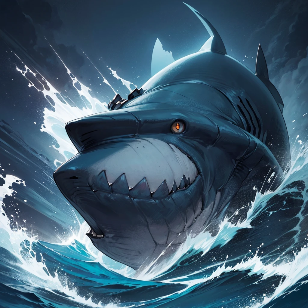 Huge deep sea shark, bulky proportions, dark lighting, deep blue sea, megalodon shark, wide shark, caravan palace eyes, round hollow black eyes, ring eyes, realistic shark shape, realistic, unnerving, gritty, eerie, uncanny