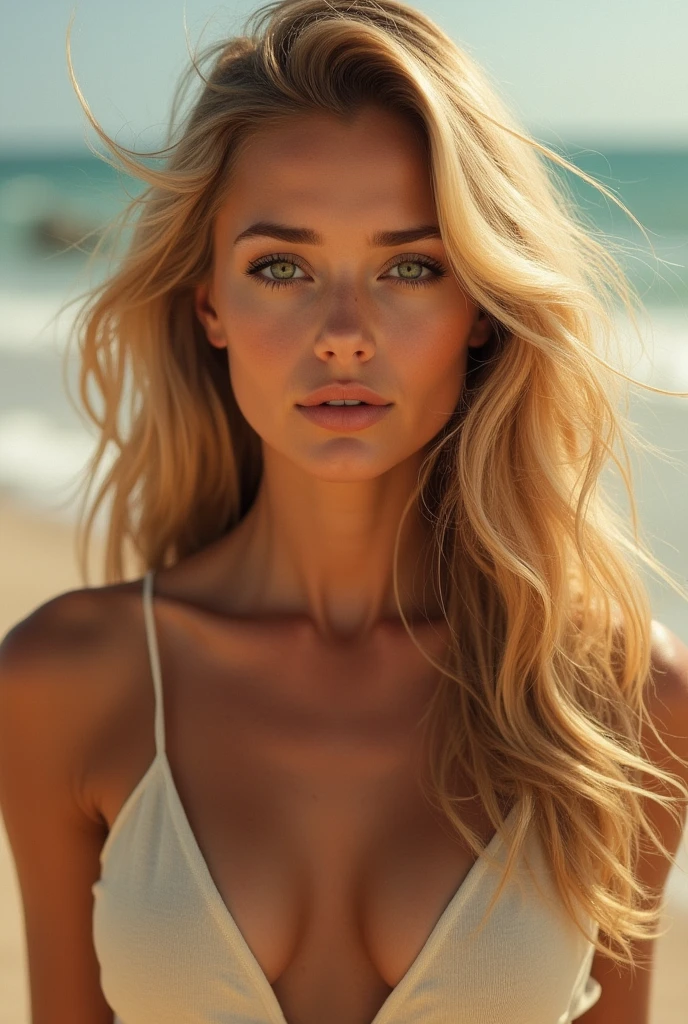 Blonde Woman, green eyes, tanned complexion thanks to the sun, Low-cut 