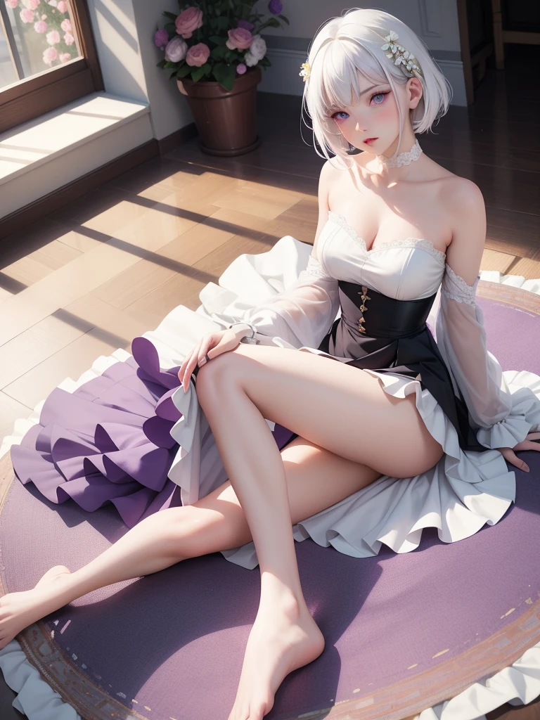 realisitic, 1 girl, White hair, purples eyes, glare eyes, top cut, overskirt, parted lips, blush, natta, flowers, floor, floorlight, no clothing, sitting, with leg open 