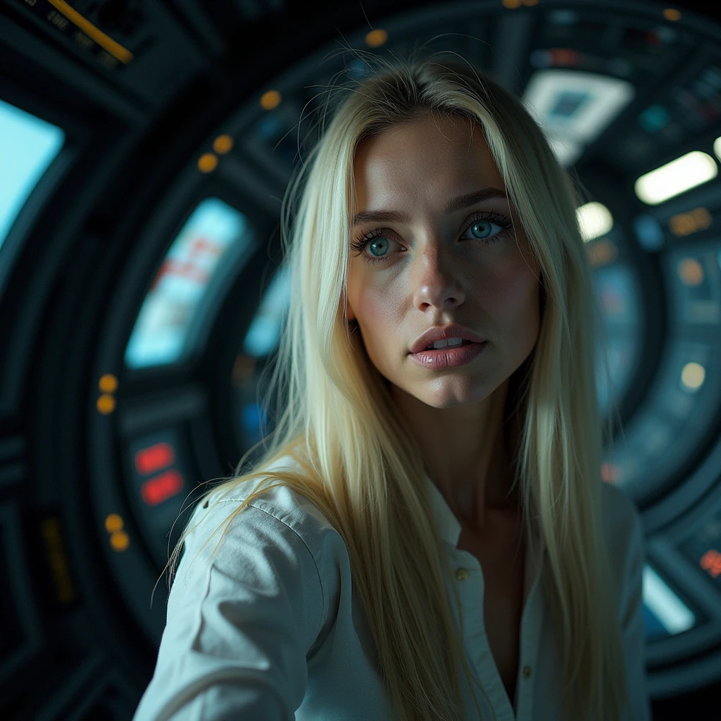 Epic scene a spacecraft, showcasing a white woman, 40 years old, long straight blond hair, blue eyes, slim, is behind the board making adjustments, historical photography, ultra - realistic, natural light, Canon 5D, DSLR, 50mm, style raw, complex background, fine face and nose, fine mouth, smooth hair, skin pore visible, (Very detailed RAW photo), (photorealistic, dramatic and cinematographic lighting, Main light, Fill light), sharp focus, cinematographic, imperfect skin, Tissues, Textures, detailed face, detailed skin, detailed fingers, NaturalHand2-3500, analog film photo Deep photo, depth of field, Ferrania P30 Film, shadow, perfect face and body, low light, flash camera, washed-out film, desaturated, 35mm photo, grainy