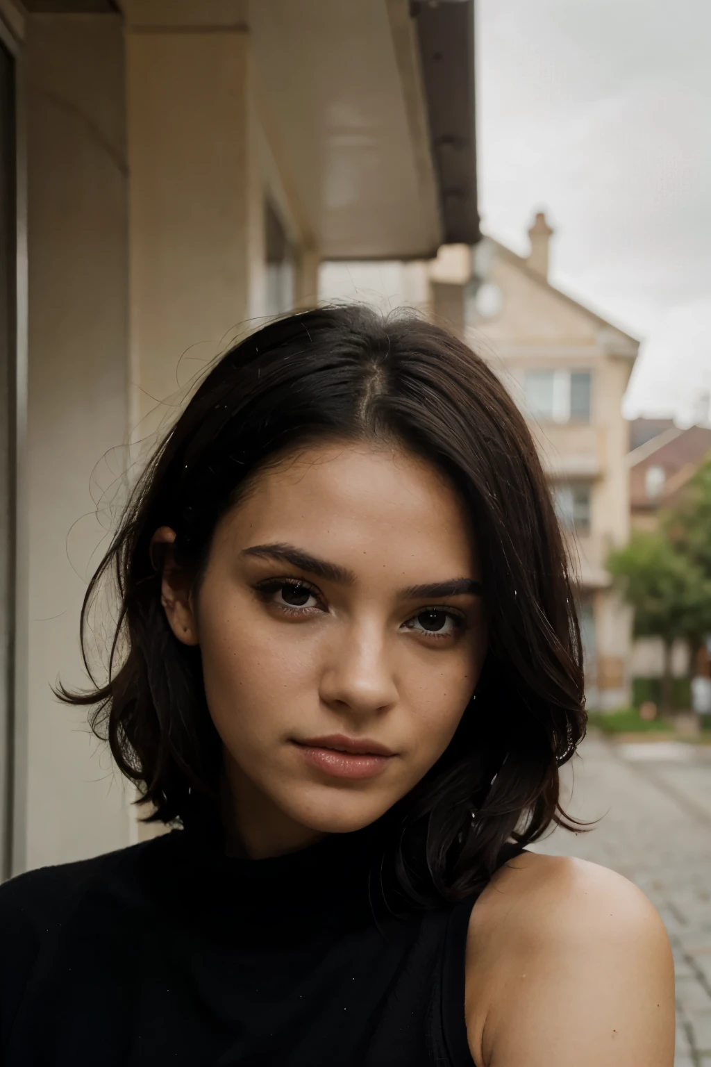1 woman like girl next door, with black hair, wearing a luxurious black sweater and black leather leggings, 23 years old, Mix out of 10% Emma Watson and 15% Scarlet Johansson and 20% Rihanna, 172cm height, 62kg weight, perfectly shaped natural soft curly intense black hair, clear intense light green eyes, long dark black lashes, perfectly shaped dark black eyebrows, dark-caramel-tanned skin, slim and well-defined body, trained curvy body, elegant nose, small ears, full lips, white teeth, small soft ladylike hands, painted fingernails, perfectly styled, soft makeup, high resolution, masterpiece, best quality, intricate high detail, highly detailed, sharp focus, detailed skin, realistic skin texture, real skin texture, detailed eyes, professional, real life, ultra-realistic, photorealism, photography, realistic photography, UHD, Foto RAW