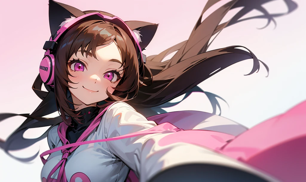 Anime girl, with pink eyes, brunette, long hair, White background, wearing cat ear headphones, winked, smiling