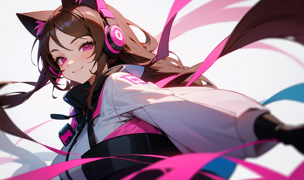 Anime girl, with pink eyes, brunette, long hair, White background, wearing cat ear headphones, winked, smiling