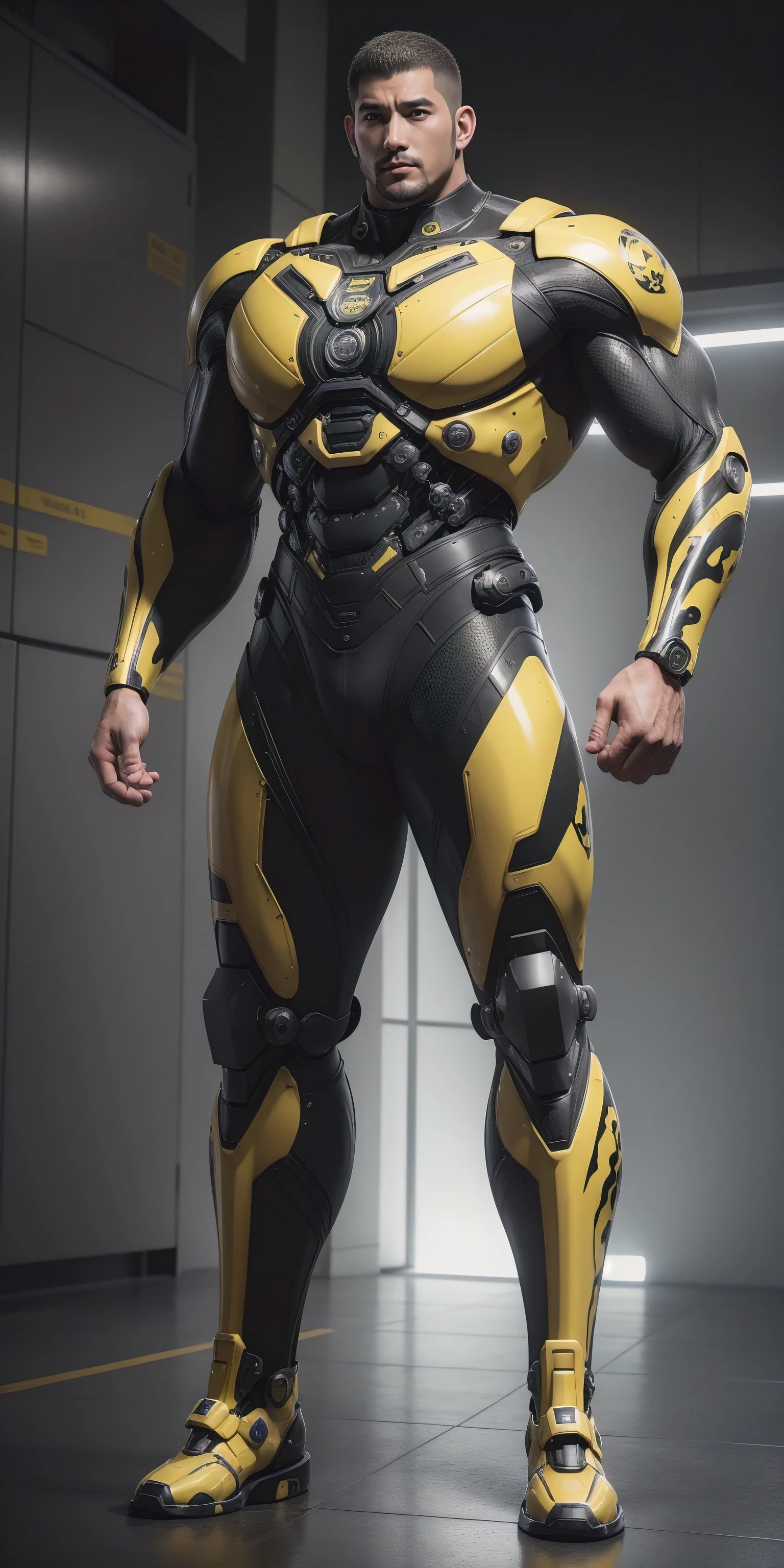 Tall giant muscular police officer,Buzz Cut,Very long legs,Yellow and black camouflage patterned nano mecha,Honeycomb pattern,Lightweight texture,Character Concept(Resident Evil - Chris Redfield,Chris Redfield)senior police officer,Small grid texture,Regular symmetrical texture pattern,Sad expression,Deep and charming eyes,Standing in a bright mechanical laboratory,Emerald Eyes Hero,Heroic male pose,Tall burly,muscular!Attractive leg muscles,High target, Burly, Heqiang, Super Buff and Coolness, High Resolution Committee, Bigfoot yellow-gray ultra-thin nano-mechanical boots,Charismatic strongman,The bright sunshine shines on you,Matte particles,Shiny texture