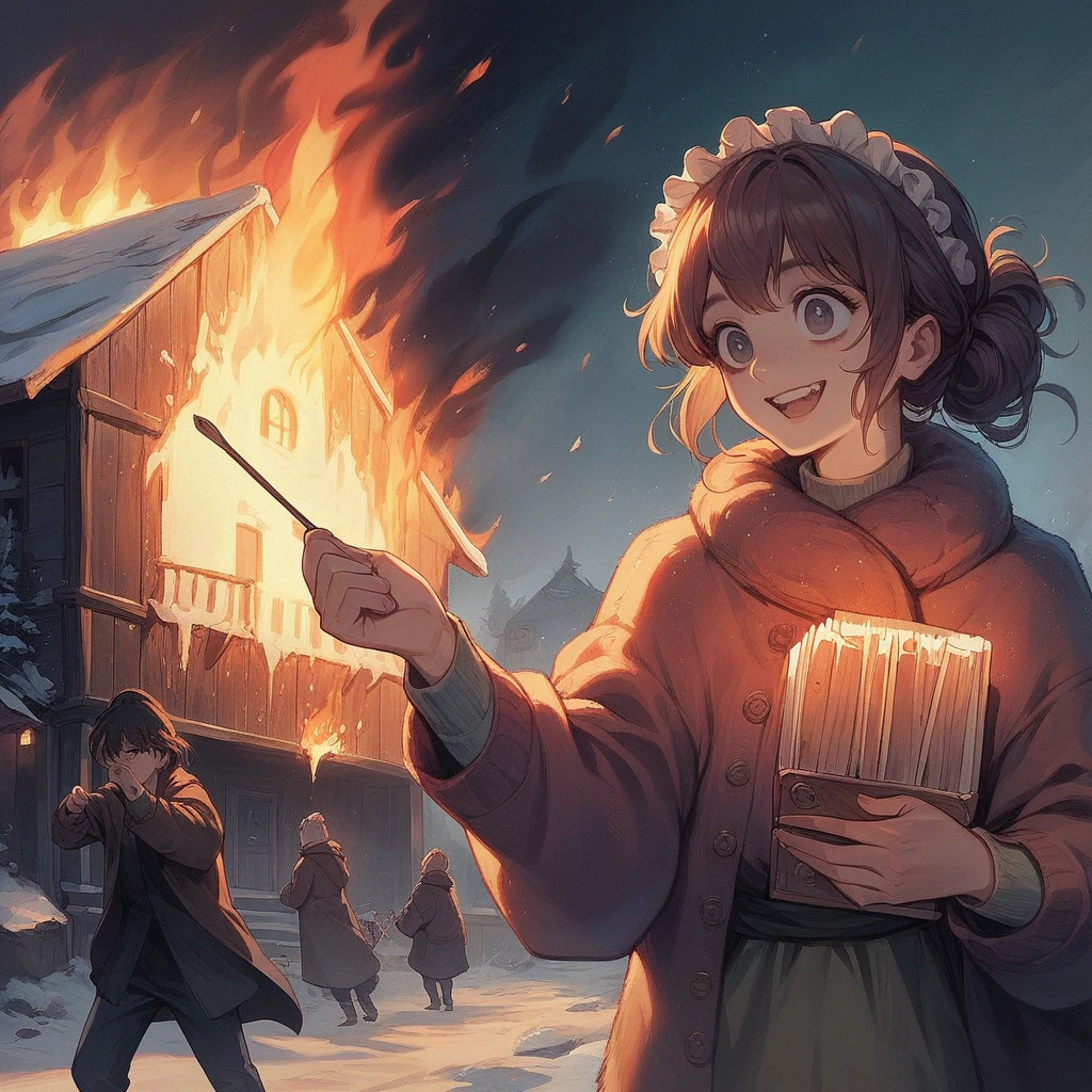 A masterpiece, realistic, delicate animation illustration, funny and crazy. Cinematic proof, 19th century, winter European night, burning house, Little Match Girl watching it. She lights a match and smiles with satisfaction. She is putting on her coat.