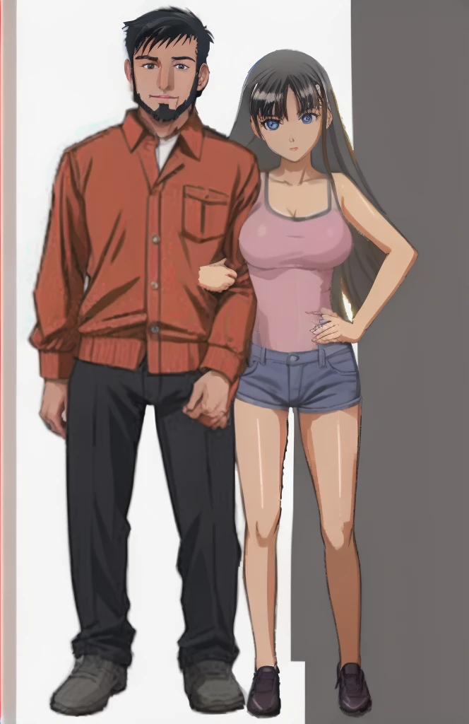 Mizushima Asa, who has big breasts and beautiful legs, is wearing casual clothes and has her arm around a middle-aged man。