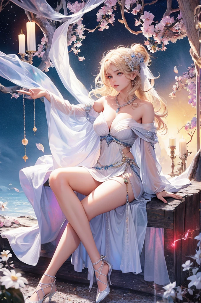 (masterpiece:1.5, best quality, Very detailed、 Hook of Holland、Semi-realistic、fantasy)(A girl, Solitary)(White and beautiful hair:1.4,,Long straight hair)(White Dress、fantasyの衣装)、((Off-shoulder、Middle chest、Ruby Necklace))(Beautiful cleavage、Legs wrapped in tights)(Beautiful starry sky、mystical night、Light particles floating around woman、fantasy space) Waiting to start

