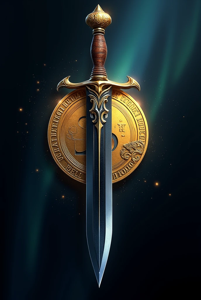 A visually impactful logo that illustrates a black sword (with a gradient color effect) piercing through a gold coin from top to bottom. The design should be both elegant and powerful, representing concepts of power, wealth, and precision. The sword is a short blade, often with a slightly curved blade and a distinctive design. The sword's blade should feature a gradient of black, with colors subtly varying to create an effect of depth and light. The colors may include shades of blue, silver, or purple for a sophisticated dark effect. The handle of the sword should be carved from wood with an elegant finish. The gold coin should be the central element, with details that allow it to be recognized as a symbol of wealth. The coin should have a shine and depth effect, with golden highlights to give an impression of value and quality. The design of the gold coin can include inscriptions or stylized symbols to reinforce the idea of wealth. The sword should be positioned vertically, piercing the gold coin from top to bottom. The blade can be slightly tilted to add dynamism to the design. The point of entry where the sword pierces the gold coin should be emphasized by a visual effect such as sparks or shadows to accentuate the interaction between the two elements. Use a color palette that evokes sophistication and power, with the main colors being gold for the coin and a black gradient for the sword. The background should represent an aurora borealis to highlight the logo. The logo should be well-balanced, with harmonious proportions between the sword and the gold coin