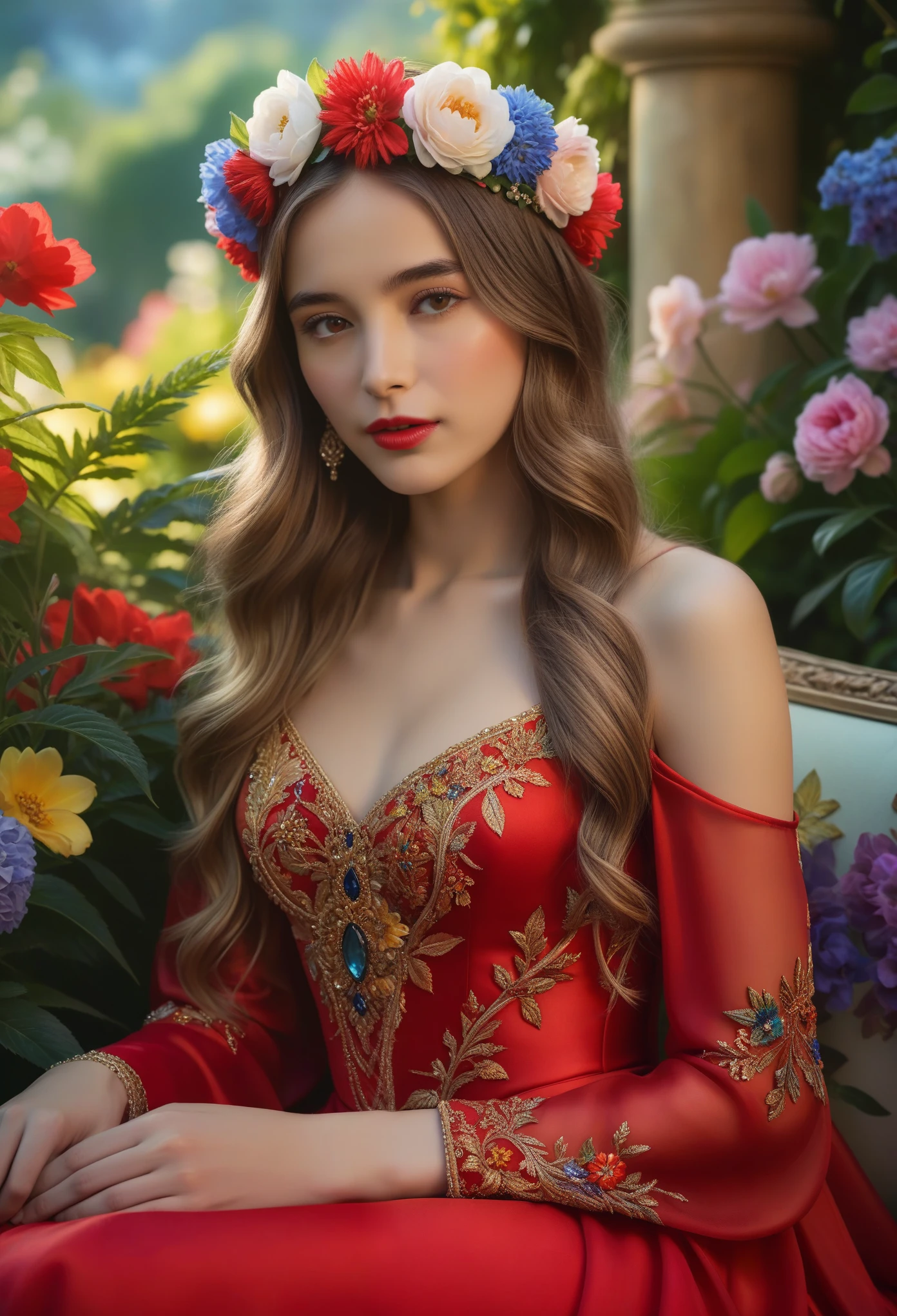 (Best Quality, 4K, 8K, High Definition, Masterpiece:1.2), (Ultra Detailed, Realistic, Photorealistic:1.37), a beautiful young woman with delicate facial features,flower crown,long elegant hair,ornate jeweled headpiece,red silk dress,sitting in a lush garden,surrounded by colorful flowers,intricate background details,cinematic lighting,delicate brushstrokes,oil painting,highly detailed,dramatic,romantic,soft color palette,dreamlike atmosphere
