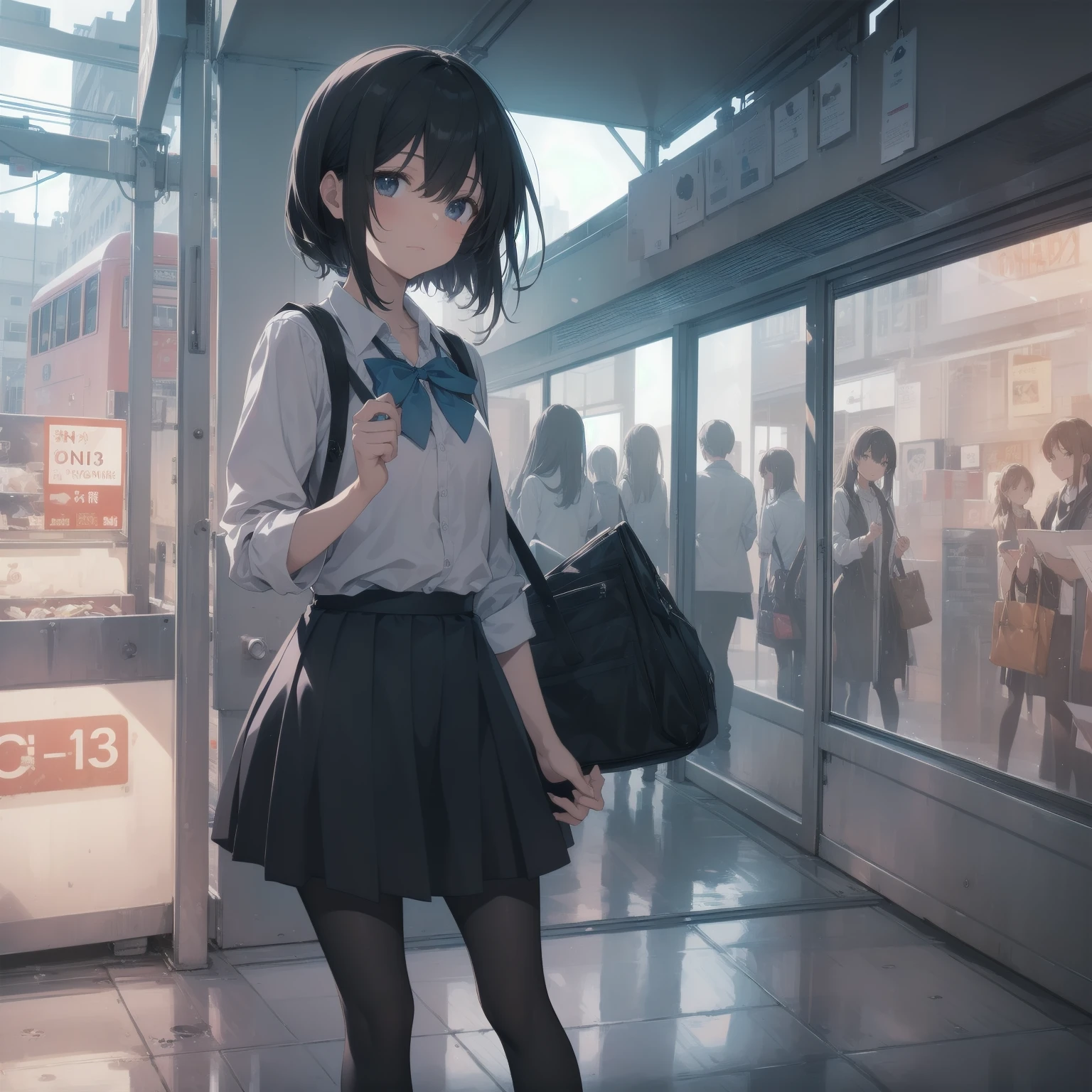 ultra-absurdres-Top quality by artist God, ultra-detailed, high resolution, anime moe artstyle, best anime 8k konachan wallpaper, pixiv contest winner, pool:2810, perfect ???????,break, 1girl, (Please draw a girl walking sleepily to school alone. )break,(Solo,little female, 13-year-old:1.3),Full limbs, complete fingers,a junior high school student, (very short hair), short cut, flat chest, , small butt, small black eyes, beautiful detailed eyes, well-proportioned iris and pupils, expressive eyes, highres detailed hair, soft expression, salor school_uniform, sailor collar, serahuku, bow, pleated skirt,(Detailed Lighting), (Detailed background), in the School commute route. break,super detailed skin, Best cinematic lighting powered by famous artist, 8k,beauty illustration,photoshop_(medium),very aesthetic,break,((artist:shiromanta )), artist:clamp ,artist:carnelian ,artist:kantoku ,
