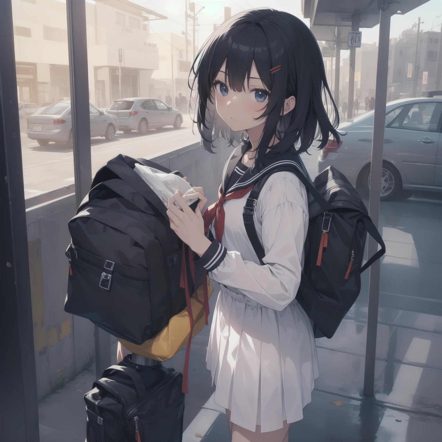 ultra-absurdres-Top quality by artist God, ultra-detailed, high resolution, anime moe artstyle, best anime 8k konachan wallpaper, pixiv contest winner, pool:2810, perfect anatomy,break, 1girl, (Please draw a girl walking sleepily to school alone. )break,(Solo,little female, 13-year-old:1.3),Full limbs, complete fingers,a junior high school student, (very short hair), short cut, flat chest, , small butt, small black eyes, beautiful detailed eyes, well-proportioned iris and pupils, expressive eyes, highres detailed hair, soft expression, salor school_uniform, sailor collar, serahuku, bow, pleated skirt,(Detailed Lighting), (Detailed background), in the School commute route. break,super detailed skin, Best cinematic lighting powered by famous artist, 8k,beauty illustration,photoshop_(medium),very aesthetic,break,((artist:shiromanta )), artist:clamp ,artist:carnelian ,artist:kantoku ,